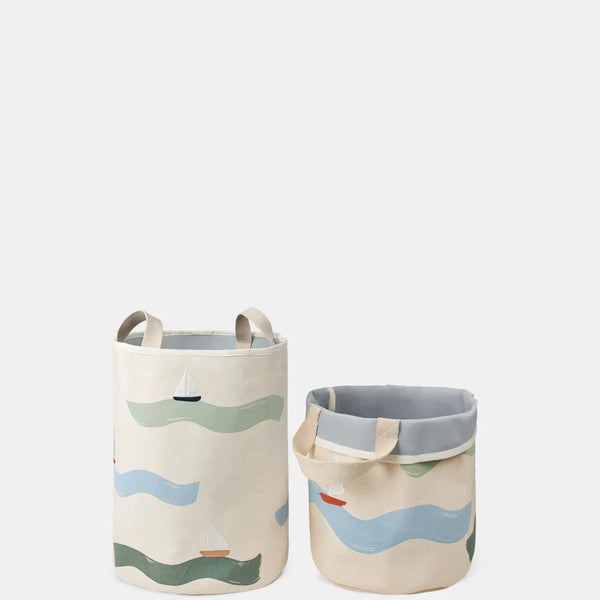 2 - Pack Embroidered Storage Baskets, Small, Big Waves - Le Petit Marché Home Furniture